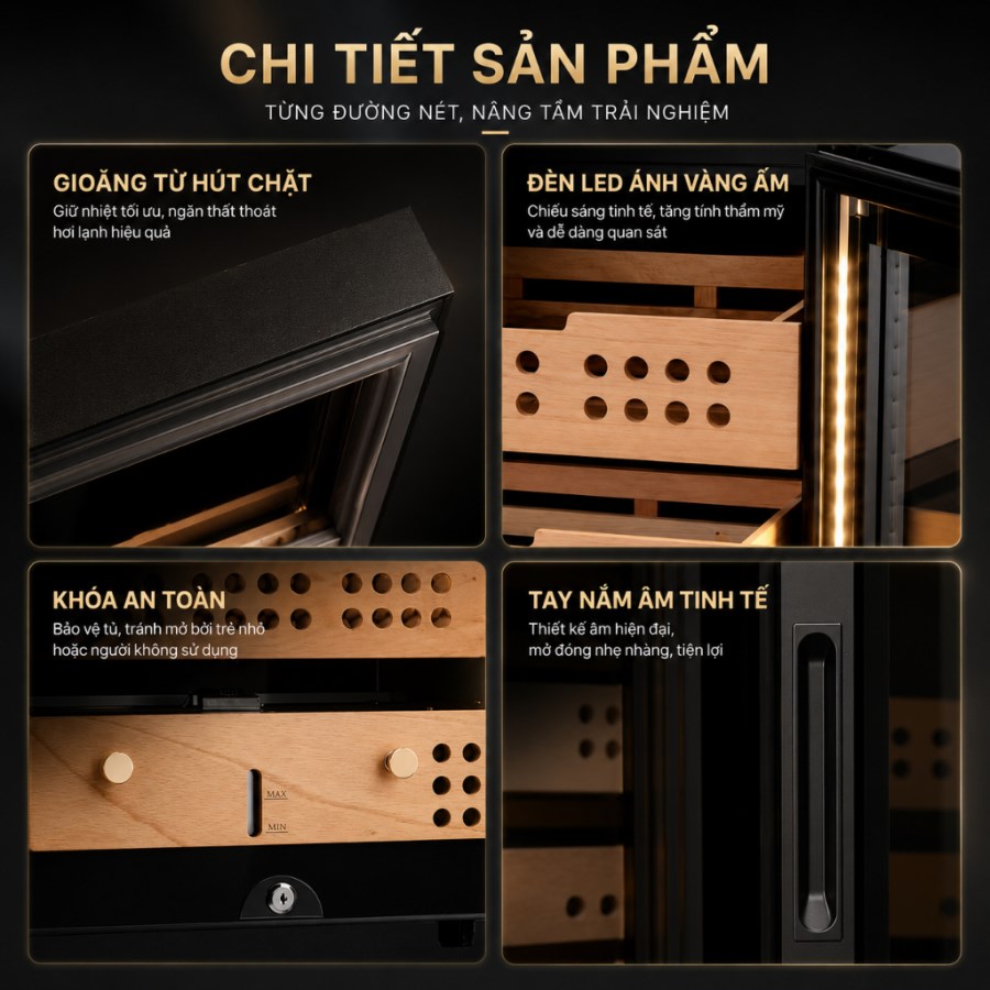 Tủ Bảo Quản Cigar Adela 150 Điếu Máy Nén 