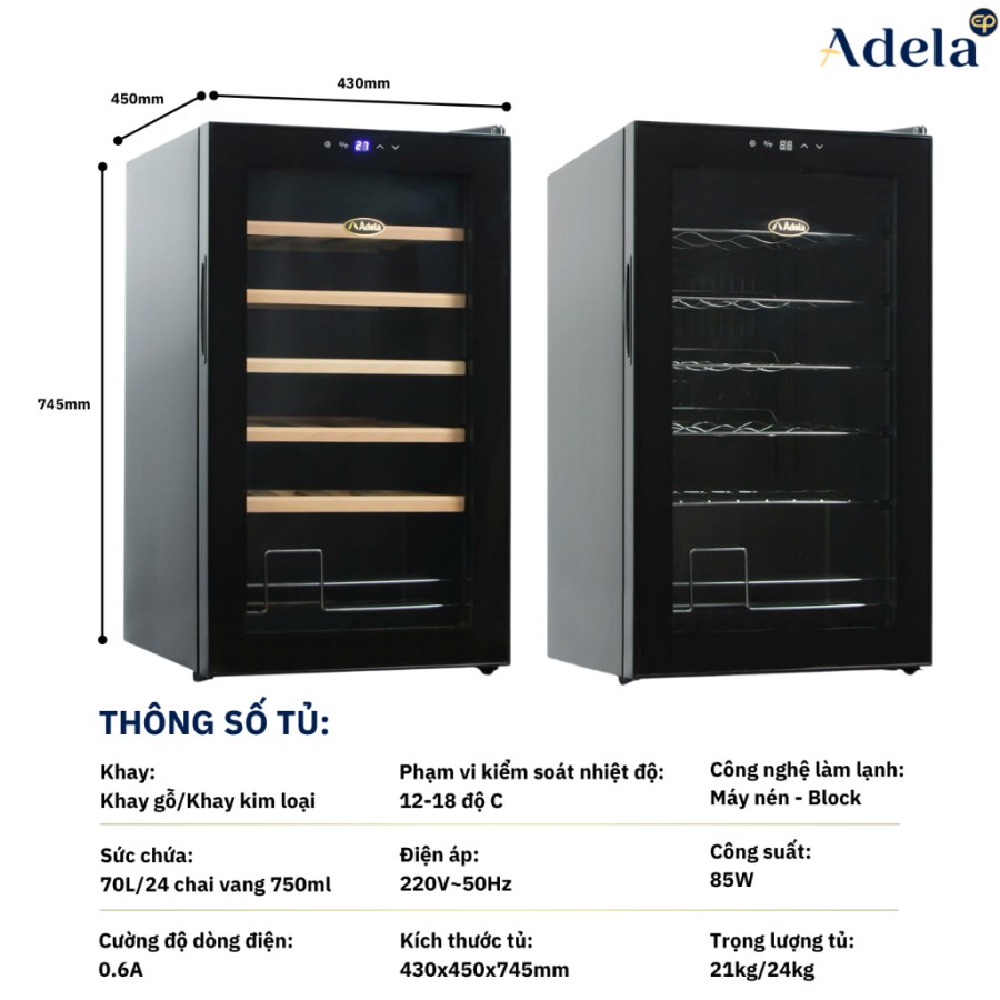 Tủ Rượu Vang Adela 24 Chai Máy Nén JC-70 
