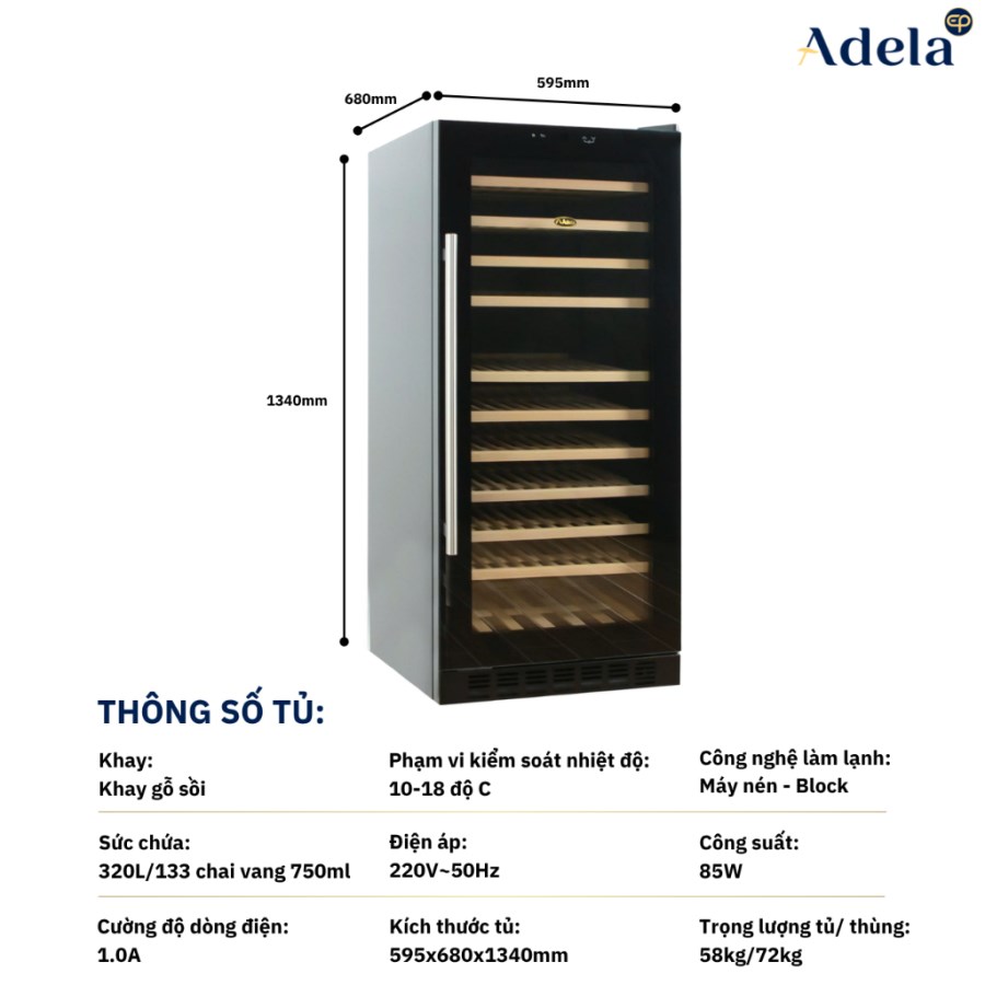 Tủ Rượu Vang ADELA 133 Chai Máy Nén JC-320WS