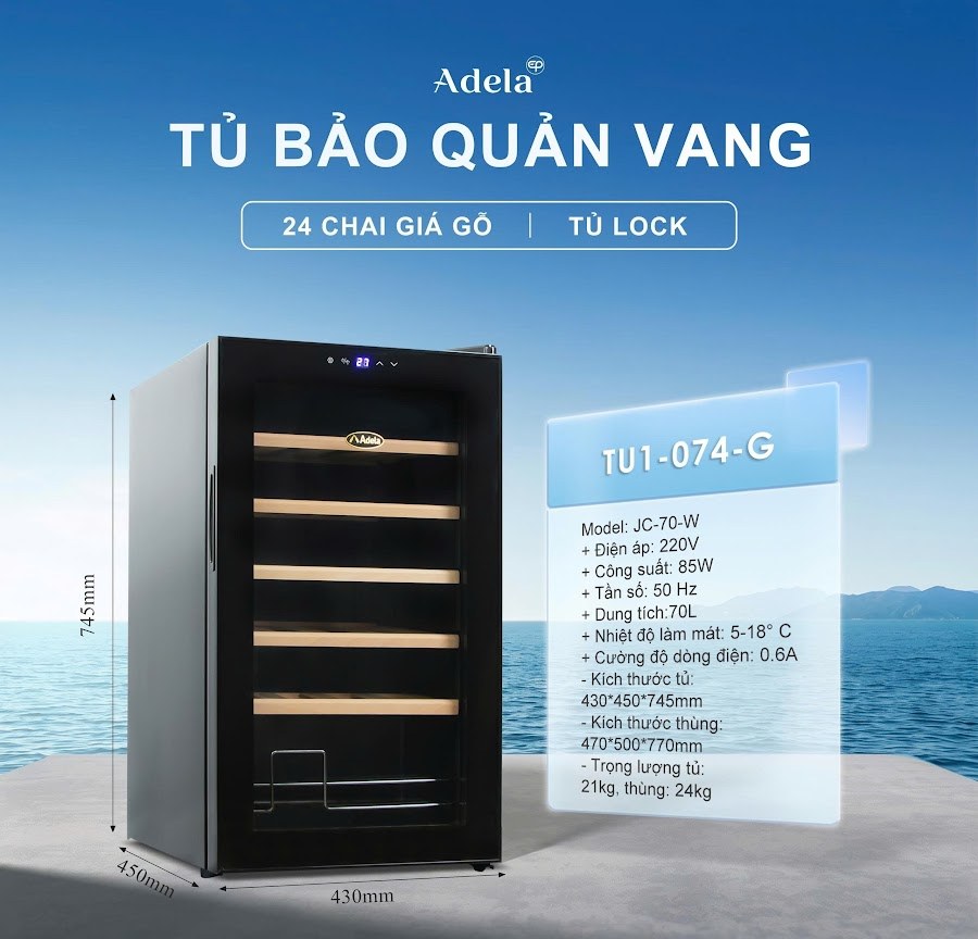 Tủ bảo quản rượu vang Adela 24 chai giá gỗ, dòng tủ lock