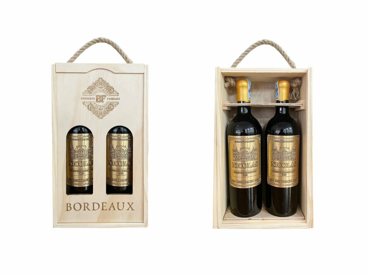 Set quà 2 chai vang Nicolas Bordeaux hộp gỗ